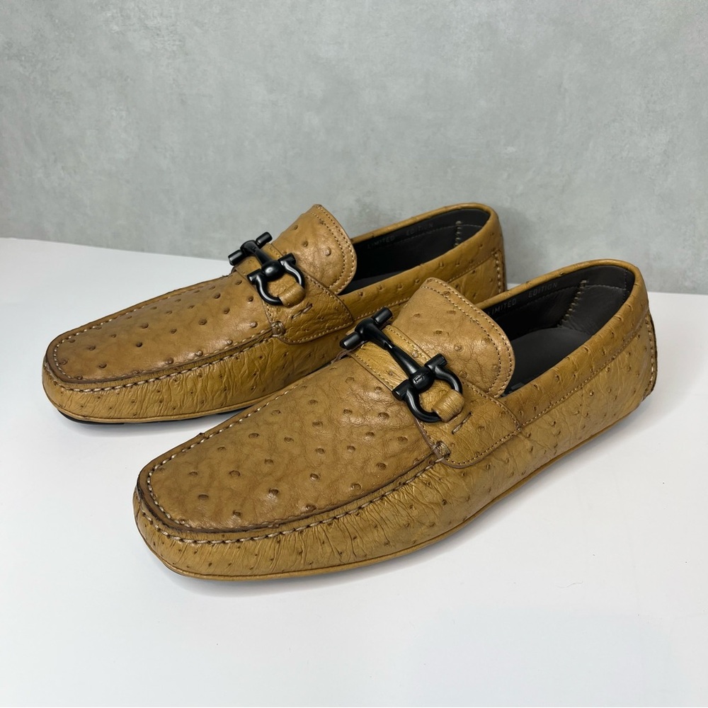 Salvatore Ferragamo Parigi Men's 7.5 Ostrich Leather Gancini Bit Shoes Driver